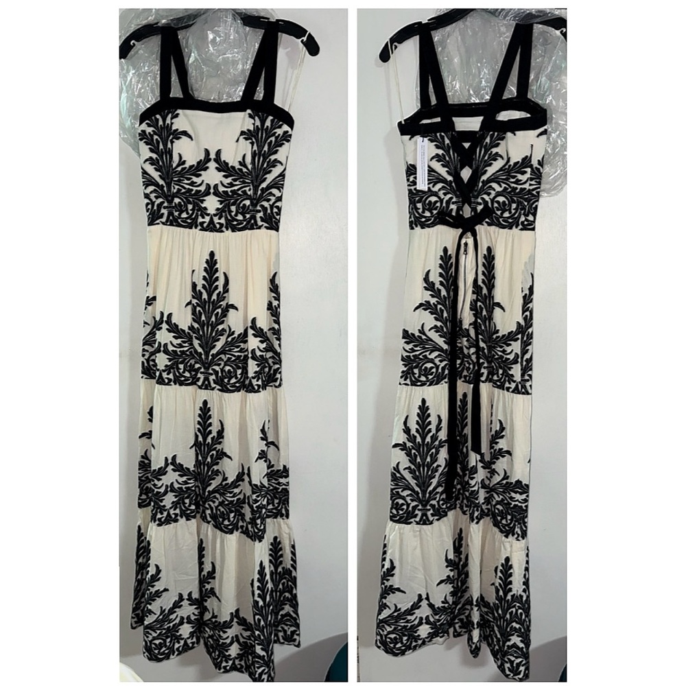 Alice + Olivia Saige Cotton Linen Blend Off White Black Tiered Maxi Dress - Picture 6 of 14